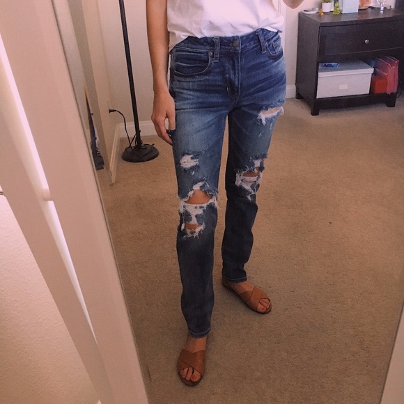 American Eagle AE Denim High Waisted Slim Jeans Destroyed Distressed 00 Short - Picture 1 of 9